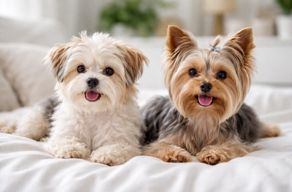 Un Morkie a la izquierda y a la derecha un yorkshire terrier, ambos en la cama, se observan las diferencias y similitudes