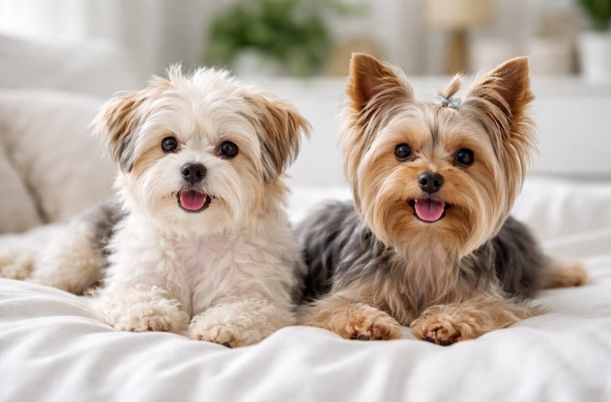 Un Morkie a la izquierda y a la derecha un yorkshire terrier, ambos en la cama, se observan las diferencias y similitudes