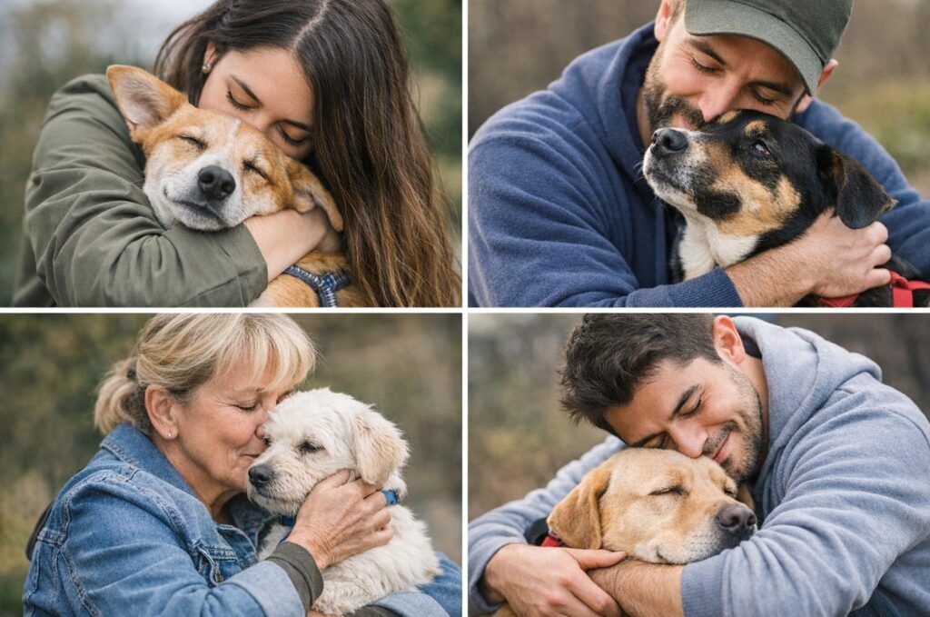 Collage de cuatro adoptantes adoptando perros en refugio