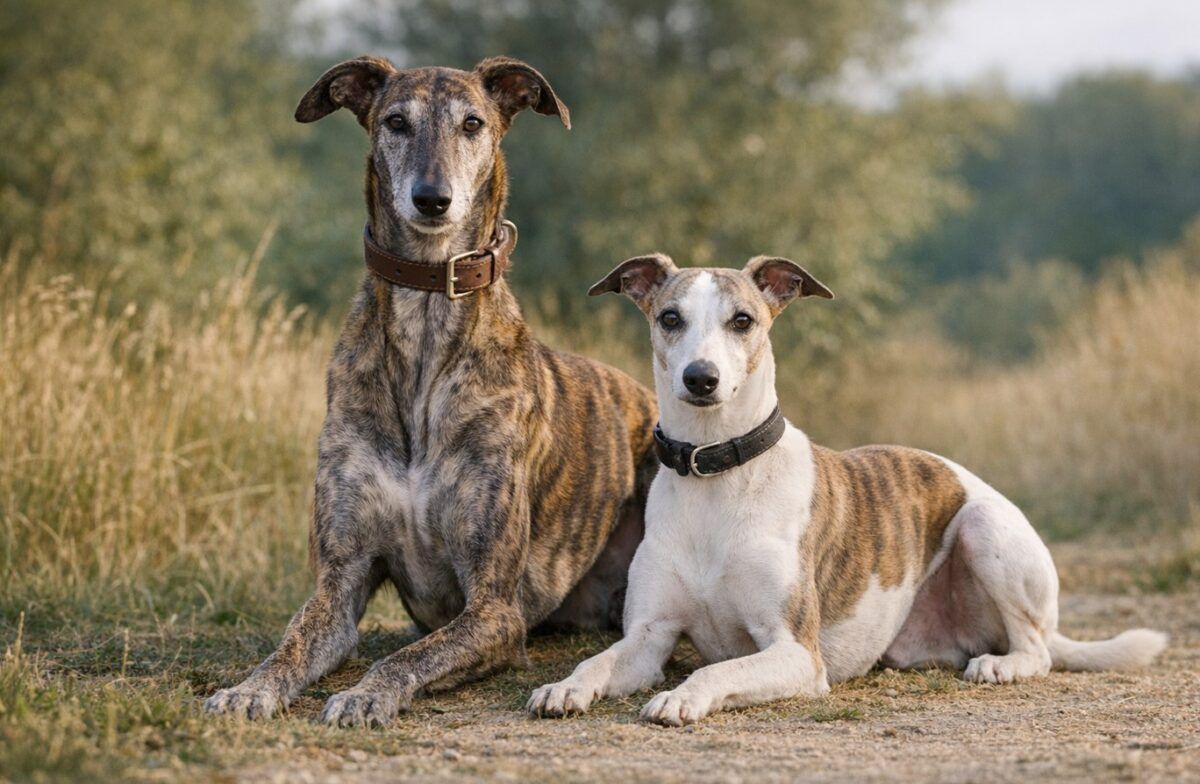 A la izquierda un galgo español y a la derecha un whippet