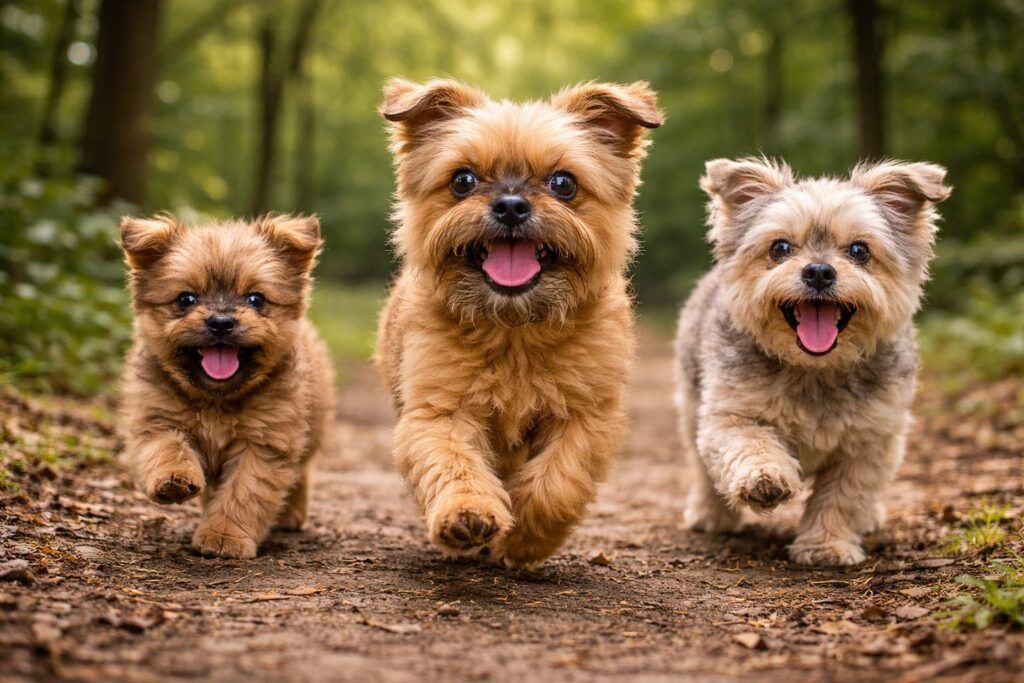 Tres perros de raza grifón de Bruselas en la naturaleza. Foto portada