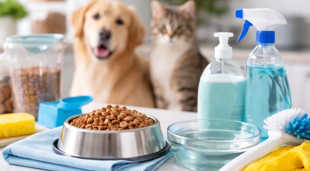 Cuenco de acero inoxidable para mascotas limpio con comida seca y otro con agua fresca sobre una superficie ordenada; alrededor hay utensilios de limpieza, transmitiendo higiene y cuidado en la alimentación de mascotas.