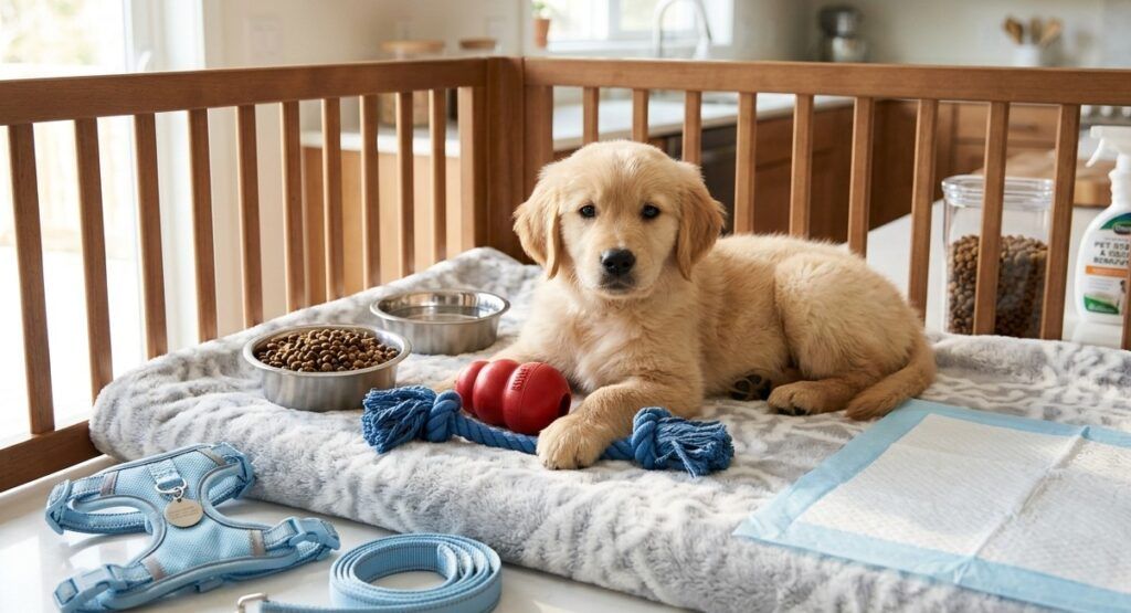 Una fotografía de primer plano, muy realista y nítida, de un cachorro de Golden Retriever de unas 8 semanas, con un pelaje suave y mullido de color dorado claro. El cachorro está tumbado cómodamente en su 'corralito' de madera para cachorros, sobre una manta de tela suave con un patrón gris y blanco. Mira directamente a la cámara con una expresión curiosa y atenta. Dentro del corralito, junto al cachorro, hay varios objetos esenciales organizados: un comedero de acero inoxidable lleno de pienso seco de alta calidad, un bebedero a juego con agua fresca, un juguete Kong de caucho natural rojo para morder y una cuerda de algodón trenzado azul para jugar. En el suelo de la cocina, justo fuera de la penumbra del corralito, un arnés tipo 'H' de color azul claro con costuras reflectantes y una chapa de identificación metálica está extendido, con una correa de nylon azul marino de 2 metros enrollada ordenadamente a su lado. Al fondo, se aprecia de forma desenfocada un empapador de entrenamiento en el suelo y una ventana con luz natural, transmitiendo una sensación de un hogar limpio, ordenado y preparado para la llegada del nuevo integrante. La escena está bañada por una luz natural cálida y ambiental que resalta las texturas del pelaje y los objetos.