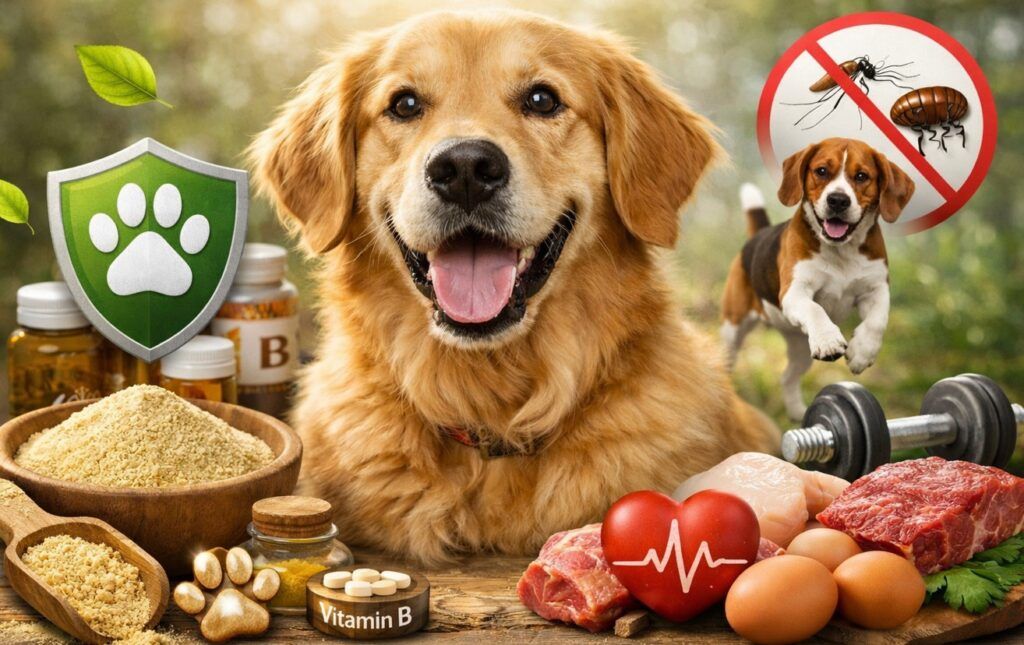 Se muestra un perro Golden Retriever saludable y sonriente en primer plano, con pelaje brillante y bien cuidado, sentado sobre una superficie de madera. A su alrededor hay varios elementos que representan los beneficios de la levadura de cerveza para perros: un cuenco y una cuchara con levadura en polvo, frascos de vitaminas B, un corazón rojo con un gráfico de latidos, carne cruda y huevos, así como una mancuerna pequeña que simboliza fuerza y masa muscular. En el fondo, un Beagle corre alegremente y detrás de él hay un icono de “prohibido” sobre pulgas y mosquitos, indicando efecto repelente natural. También flotan hojas verdes y un escudo con una huella de perro, simbolizando protección y salud general. El estilo es realista, colorido y luminoso, transmitiendo bienestar y vitalidad.