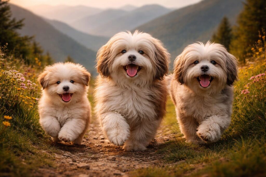 Tres lhasa apso corriendo en la naturaleza. Foto de portada