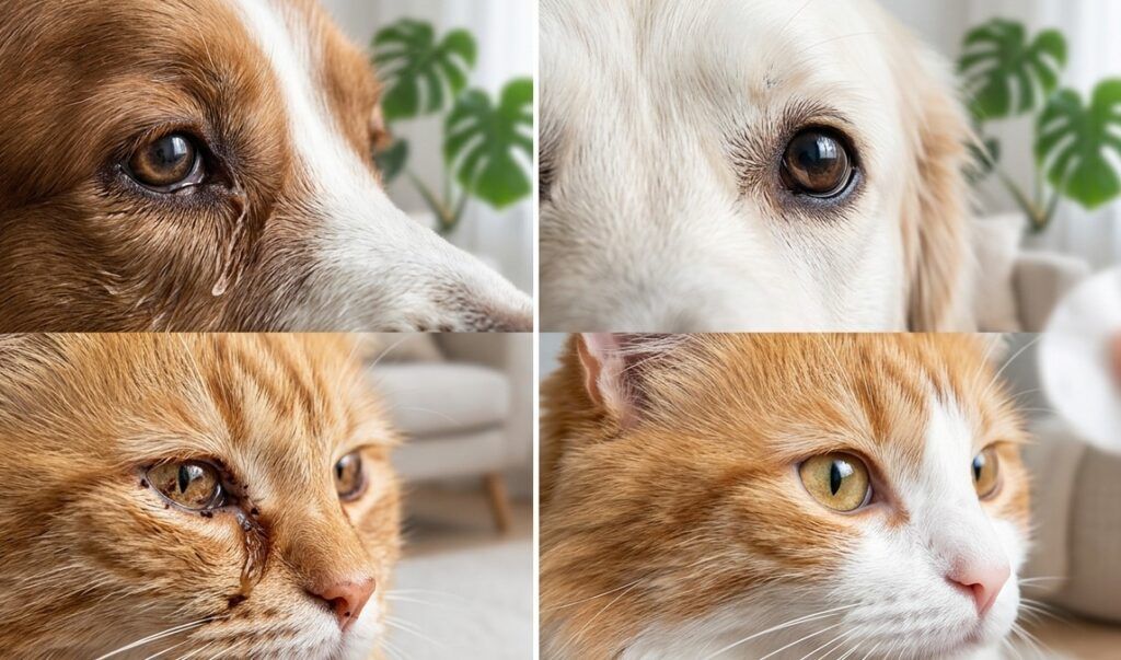 Un montaje fotográfico realista dividido en cuatro secciones que ejemplifica el proceso de higiene ocular. Las imágenes de la izquierda muestran el estado inicial: arriba, el ojo de un perro de pelo blanco con suciedad y legañas secas acumuladas en el lagrimal; abajo, el ojo de un gato con secreciones y pelaje pegado en la misma zona. Las imágenes de la derecha muestran el resultado final tras la aplicación de un producto limpiador: arriba, el ojo del mismo perro, ahora completamente limpio, con el pelaje blanco radiante y libre de secreciones; abajo, el ojo del gato, claro, brillante y con la zona del lagrimal impecable, mientras que una mano humana sostiene un algodón limpio, simbolizando el final exitoso de la rutina de limpieza. El fondo, con plantas verdes difuminadas, refuerza la sensación de frescura e higiene.
