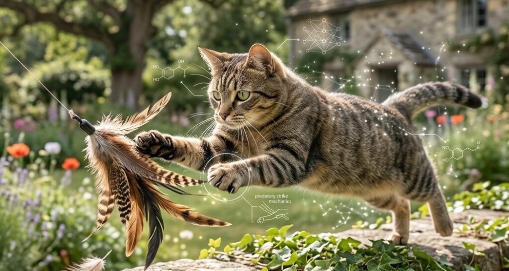 Fotografía de acción cinematográfica que captura a un gato común europeo atigrado en el aire, en el momento preciso de un salto predatorio. El gato, con un pelaje marrón y rayas negras muy definidas, tiene las garras extendidas y las pupilas dilatadas por la concentración mientras intenta atrapar un juguete de plumas naturales que cuelga de una caña. La escena transcurre en un jardín soleado sobre un muro de piedra cubierto de hiedra, con flores de lavanda y una casa de campo desenfocada al fondo. Superpuestos de forma sutil y tecnológica alrededor del gato, aparecen gráficos blanquecinos de estética científica: diagramas de conexiones neuronales, fórmulas químicas que representan la liberación de dopamina y líneas de vectores que analizan la mecánica del salto. Esta combinación visual une la belleza instintiva del felino con la base científica de su comportamiento de caza y juego.