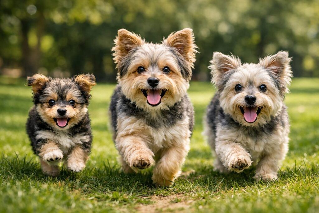 Tres perros de raza morkie corriendo en la naturaleza. Foto portada