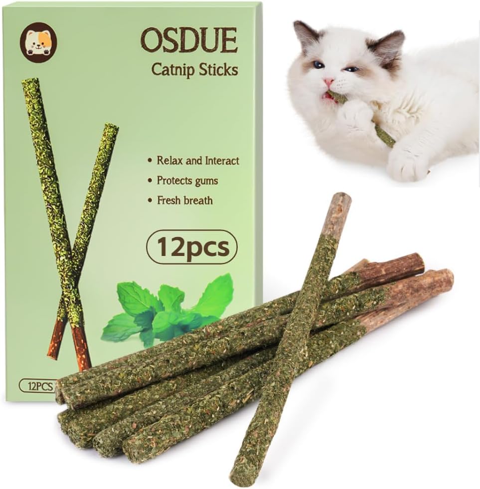 OSDUE Palitos De Hierba Gatera, 12 Masticar Palos para Gatos, 100% Orgánico Natural, para Aliviar el Aburrimiento y Limpiar los Dientes