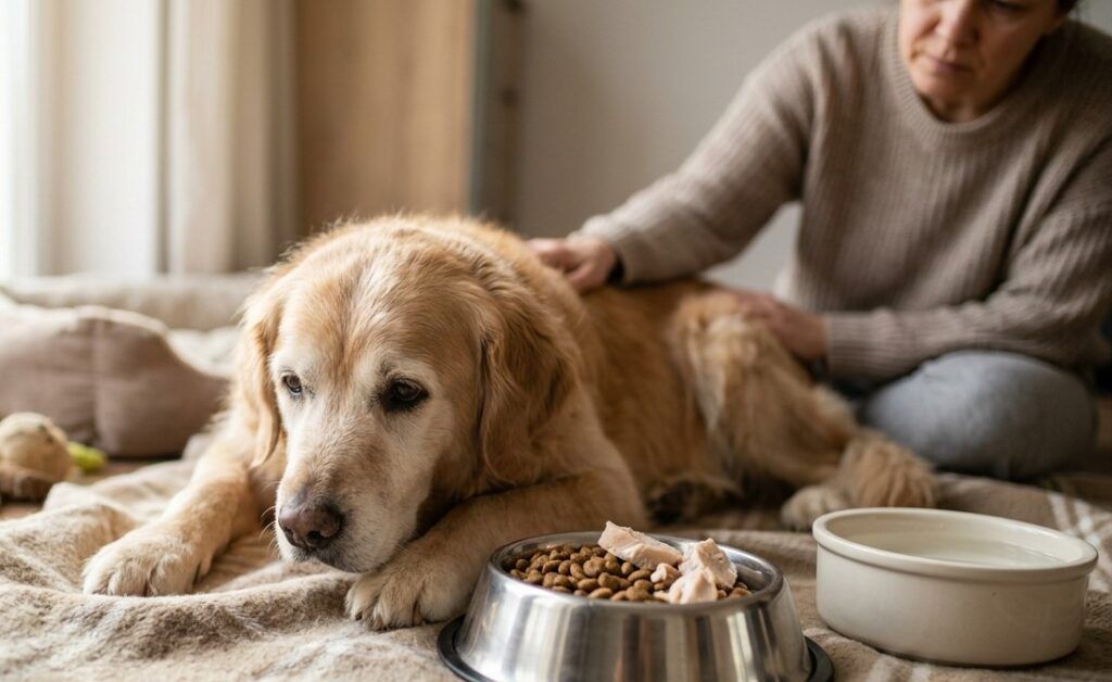 Fotografía de plano medio con un enfoque natural y emotivo, capturando a un perro Golden Retriever senior acostado en el suelo sobre una manta de cuadros burdeos. El perro, con un pelaje dorado pálido y el hocico notablemente encanecido por la edad, descansa su cabeza sobre sus patas delanteras, mirando fijamente hacia un cuenco de metal lleno de comida (pienso seco y un trozo de pechuga de pollo) sin intención de comer. A su lado, un cuenco de agua azul está lleno. El perro tiene una expresión de fatiga y falta de apetito. Al fondo, a la derecha, una persona con un jersey de punto beige está sentada en el suelo a su lado, descansando su mano suavemente sobre la espalda del perro en un gesto de consuelo y preocupación. El entorno es un salón acogedor, con una ventanal que entra luz natural suave por la izquierda, desenfocada, que sugiere un ambiente hogareño y tranquilo. La profundidad de campo es muy baja, manteniendo al perro y los cuencos en primer plano en enfoque nítido.