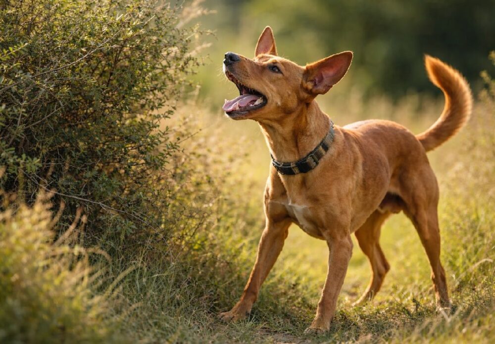 Un podenco en el campo marcando la localización de un conejo emitiendo su ruido peculiar y sin querer irse de ahí