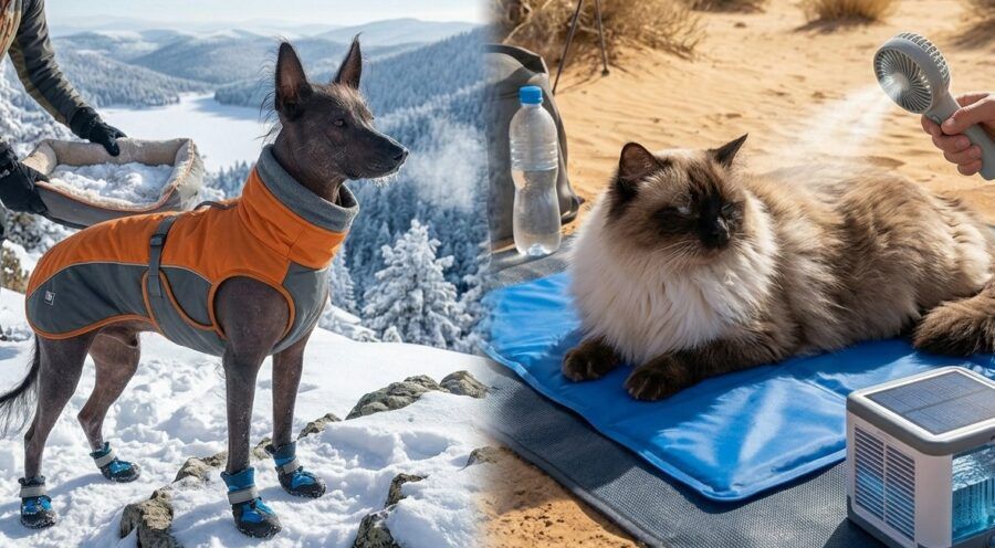 Una fotografía realista de portada dividida verticalmente que ilustra la protección de mascotas ante climas opuestos en 2026. La mitad izquierda muestra un paisaje invernal nevado en los Picos de Europa, donde un perro Xoloitzcuintli (raza sin pelo), de pie, lleva un abrigo técnico naranja y gris y cuatro botas protectoras para la nieve. Un humano con ropa de invierno le ofrece una cama térmica. La mitad derecha muestra un desierto árido y soleado en Almería, donde un gato Ragdoll (raza de pelo largo y denso) descansa sobre una manta de gel auto-refrigerante de color azul. Un humano sostiene un ventilador portátil nebulizador de agua hacia el gato, junto a una fuente de agua y un climatizador solar, resaltando las medidas preventivas para el calor extremo. Transmite cuidado y adaptabilidad.