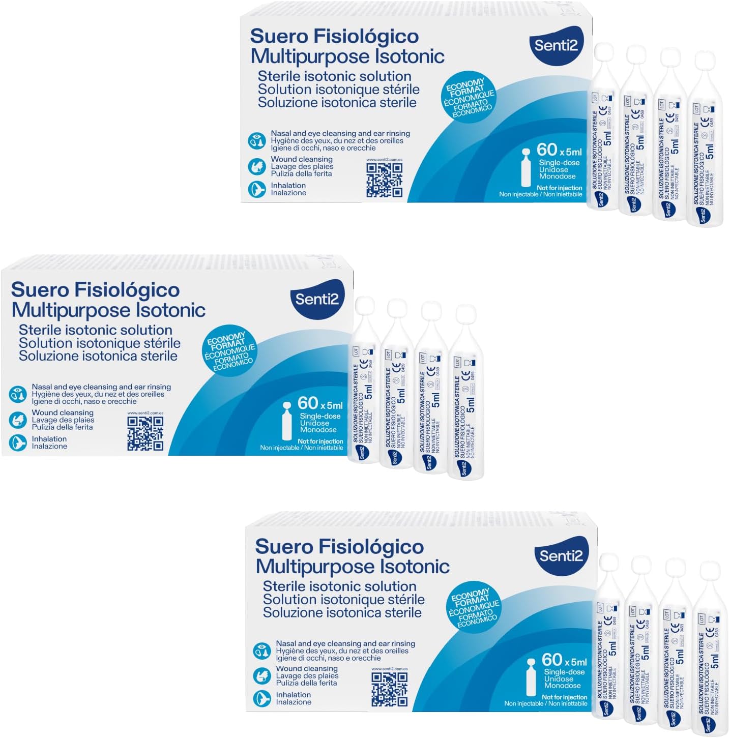 Senti2 - Suero Fisiológico en Monodosis 60 uds, Higiene Nasal, Ocular y Auricular para Adultos y Bebés PACK DE 3