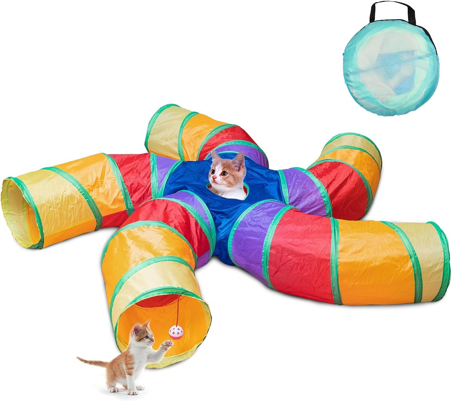 Depets Túnel para gatos para interior, túnel de juego grande de 5 vías y tubo con bola de juego, tubo plegable en forma de S con mirilla interactiva, ideal para ejercicios de interior para gatitos