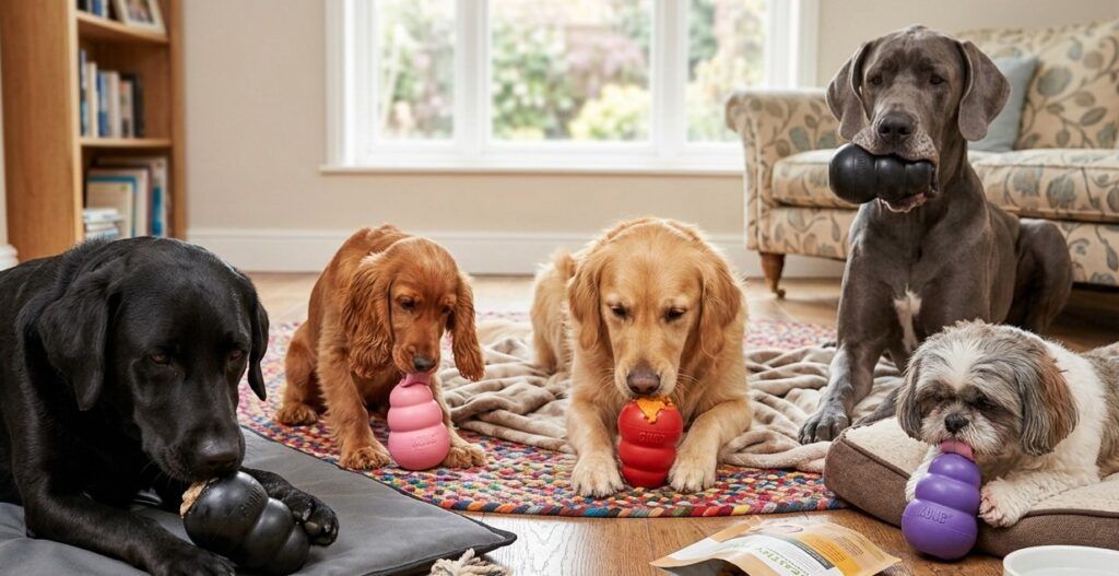 Fotografía en plano medio que captura un momento de convivencia y entretenimiento de un grupo diverso de perros en un salón acogedor y soleado. De izquierda a derecha, se observan cinco perros de diferentes razas, tamaños y colores, cada uno enfocado en su propio juguete KONG. En el primer plano, un Labrador Retriever negro y un Cocker Spaniel marrón oscuro están recostados sobre esteras de color gris y marrón, lamiendo y mordisqueando KONGs de color negro (KONG Extreme) y rosa (KONG Puppy), respectivamente. En el centro, un Golden Retriever de pelaje dorado claro está sentado sobre una manta de cuadros burdeos, sosteniendo un KONG Classic de color rojo intenso con su boca, mientras que a su derecha, un Shih Tzu de pelaje largo y blanco lamiendo un KONG Senior de color morado con delicadeza. Al fondo, un Gran Danés de pelaje gris azulado, de mayor tamaño, está de pie sobre un sofá de tela beige con flores, mirando fijamente un KONG Extreme negro que sostiene con firmeza en su boca. Sobre una mesa de madera rústica en el primer plano, se aprecian un paquete de comida para perros, una galleta de hueso y un bol de agua, creando una atmósfera doméstica, cálida y segura. El fondo está desenfocado, mostrando una ventanal con luz natural que entra, una estantería con libros y una planta en maceta de terracota.