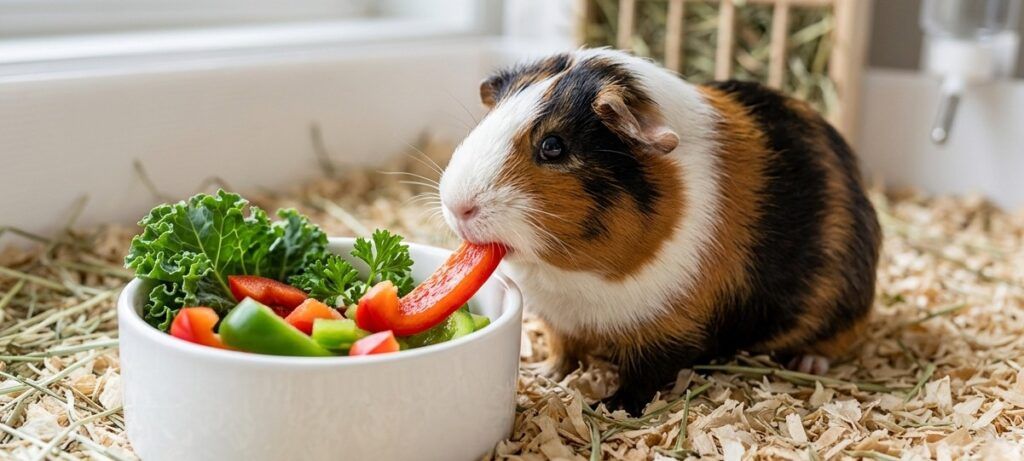 Fotografía de plano medio con un enfoque nítido y realista que muestra a una cobaya tricolor (blanco, marrón y negro) en su hábitat. La cobaya está mordiendo con entusiasmo una rodaja de pimiento rojo fresco, que sobresale de un cuenco de cerámica blanca lleno de trozos de pimiento verde, pimiento rojo, una hoja de kale y una rama de perejil. El animal se encuentra sobre un lecho limpio de virutas de madera y heno. Al fondo, se aprecia de forma desenfocada un dispensador de heno de madera y un bebedero de gota, junto a una ventana que deja entrar una luz natural clara y suave. La escena transmite una sensación de salud, bienestar y una nutrición equilibrada y apetecible para el roedor.