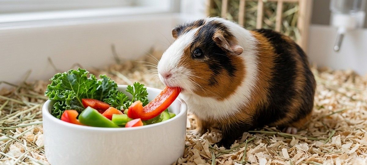 Fotografía de plano medio con un enfoque nítido y realista que muestra a una cobaya tricolor (blanco, marrón y negro) en su hábitat. La cobaya está mordiendo con entusiasmo una rodaja de pimiento rojo fresco, que sobresale de un cuenco de cerámica blanca lleno de trozos de pimiento verde, pimiento rojo, una hoja de kale y una rama de perejil. El animal se encuentra sobre un lecho limpio de virutas de madera y heno. Al fondo, se aprecia de forma desenfocada un dispensador de heno de madera y un bebedero de gota, junto a una ventana que deja entrar una luz natural clara y suave. La escena transmite una sensación de salud, bienestar y una nutrición equilibrada y apetecible para el roedor.