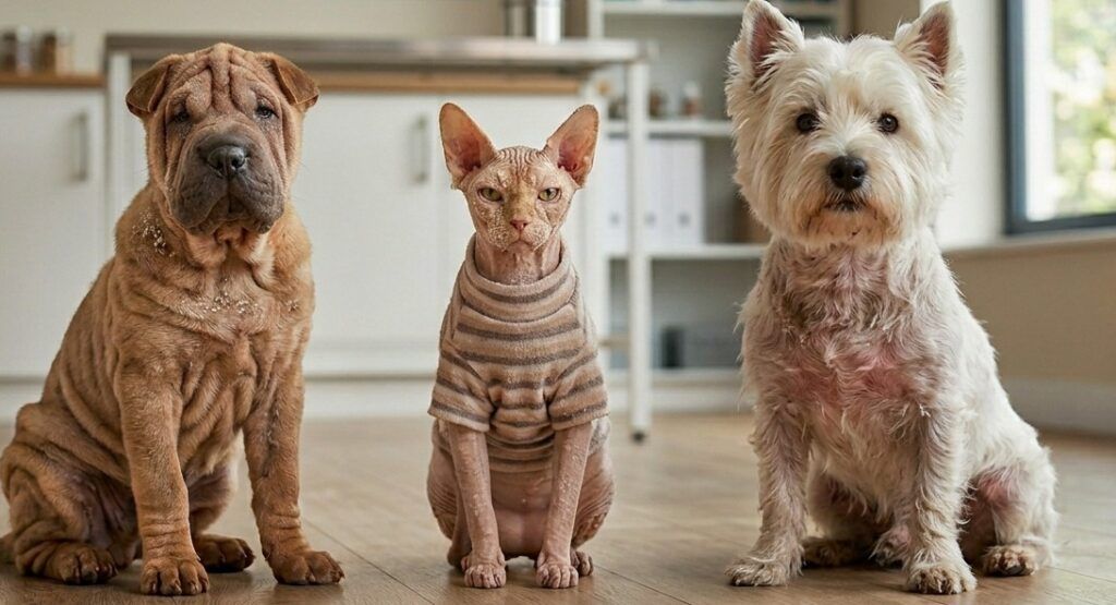 Contexto General: Una fotografía realista tomada a la altura de los ojos dentro de una clínica veterinaria iluminada y limpia. En el fondo difuminado se aprecian muebles blancos, estanterías con libros de salud animal y pósteres informativos en la pared. Elementos Principales: Tres animales domésticos están sentados en fila sobre un suelo de madera clara, mirando directamente a la cámara con expresión tranquila pero algo seria: A la izquierda (Cachorro de Shar Pei): Un perro de color arena con sus característicos pliegues en la piel. En la zona del lomo y los hombros se aprecian pequeñas motas blancas que simulan descamación por piel seca o caspa. En el centro (Gato Sphynx / Esfinge): Un gato sin pelo de piel rosada y grisácea que viste un jersey de rayas finas de color marrón y beige. Se observa un ligero enrojecimiento en la piel expuesta de su rostro y patas, sugiriendo una dermis reactiva o sensible. A la derecha (West Highland White Terrier): Un perro pequeño de pelaje blanco. En la zona del pecho, el cuello y las patas delanteras, el pelo clarea ligeramente y deja ver una piel subyacente con un eritema o tono rosado difuminado, característico de la piel atópica. Tono visual: La imagen transmite la necesidad de cuidado médico veterinario de forma suave, limpia y profesional, evitando heridas abiertas o imágenes alarmantes.