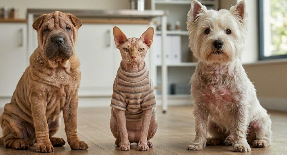 Contexto General: Una fotografía realista tomada a la altura de los ojos dentro de una clínica veterinaria iluminada y limpia. En el fondo difuminado se aprecian muebles blancos, estanterías con libros de salud animal y pósteres informativos en la pared. Elementos Principales: Tres animales domésticos están sentados en fila sobre un suelo de madera clara, mirando directamente a la cámara con expresión tranquila pero algo seria: A la izquierda (Cachorro de Shar Pei): Un perro de color arena con sus característicos pliegues en la piel. En la zona del lomo y los hombros se aprecian pequeñas motas blancas que simulan descamación por piel seca o caspa. En el centro (Gato Sphynx / Esfinge): Un gato sin pelo de piel rosada y grisácea que viste un jersey de rayas finas de color marrón y beige. Se observa un ligero enrojecimiento en la piel expuesta de su rostro y patas, sugiriendo una dermis reactiva o sensible. A la derecha (West Highland White Terrier): Un perro pequeño de pelaje blanco. En la zona del pecho, el cuello y las patas delanteras, el pelo clarea ligeramente y deja ver una piel subyacente con un eritema o tono rosado difuminado, característico de la piel atópica. Tono visual: La imagen transmite la necesidad de cuidado médico veterinario de forma suave, limpia y profesional, evitando heridas abiertas o imágenes alarmantes.