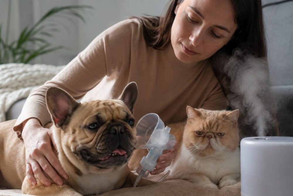 Persona cuidando a un perro bulldog y un gato persa con problemas respiratorios, usando un nebulizador, junto a un humidificador en un ambiente tranquilo.