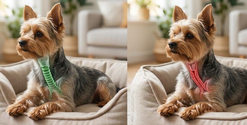 Una comparación visual de dos fotografías de un mismo perro Yorkshire Terrier idéntico, sentado en su cama en un salón luminoso. En la foto de la izquierda, la tráquea está resaltada en verde neón, mostrando una estructura ancha y sana. En la foto de la derecha, la tráquea está resaltada en rojo neón, mostrando una estructura estrecha y colapsada. El fondo y el perro son idénticos, con la iluminación y la postura mantenidas, lo que enfatiza la comparación anatómica de la tráquea.
