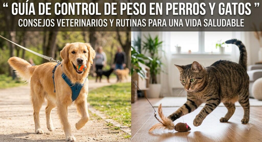 Una composición fotográfica dividida en dos partes iguales. A la izquierda, un perro Golden Retriever de complexión atlética pasea alegremente por un sendero soleado en un parque, llevando una pelota en la boca y sujeto por un arnés azul. A la derecha, en el interior de una casa luminosa, un gato común europeo atigrado y en buena forma física se estira activamente para jugar con un juguete de plumas en el suelo. En la parte superior, una franja oscura traslúcida muestra el texto en letras blancas: "GUÍA DE CONTROL DE PESO EN PERROS Y GATOS - CONSEJOS VETERINARIOS Y RUTINAS PARA UNA VIDA SALUDABLE