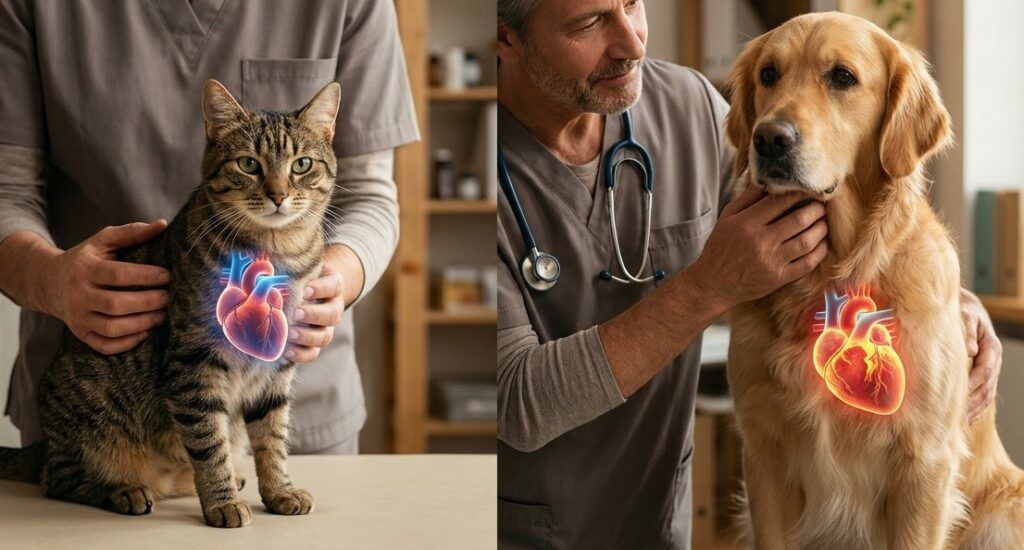 Un veterinario examina cuidadosamente a un gato y a un perro en una clínica. La imagen destaca la salud cardíaca mediante superposiciones gráficas iluminadas de corazones anatómicos en los pechos de ambos animales, simbolizando el diagnóstico y cuidado veterinario del corazón.