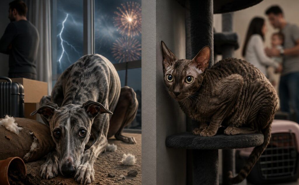 Perro tipo lebrel y gato Sphynx muestran signos de estrés en casa durante una tormenta y fuegos artificiales.