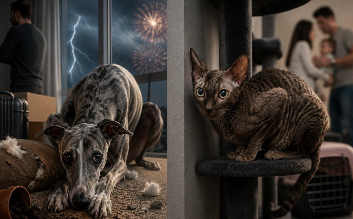 Perro tipo lebrel y gato Sphynx muestran signos de estrés en casa durante una tormenta y fuegos artificiales.