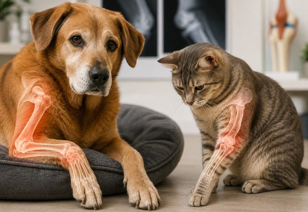 Perro y gato sentados en una clínica veterinaria, con representaciones de sus huesos y articulaciones delanteras resaltadas para mostrar posibles problemas de movilidad y dolor.
